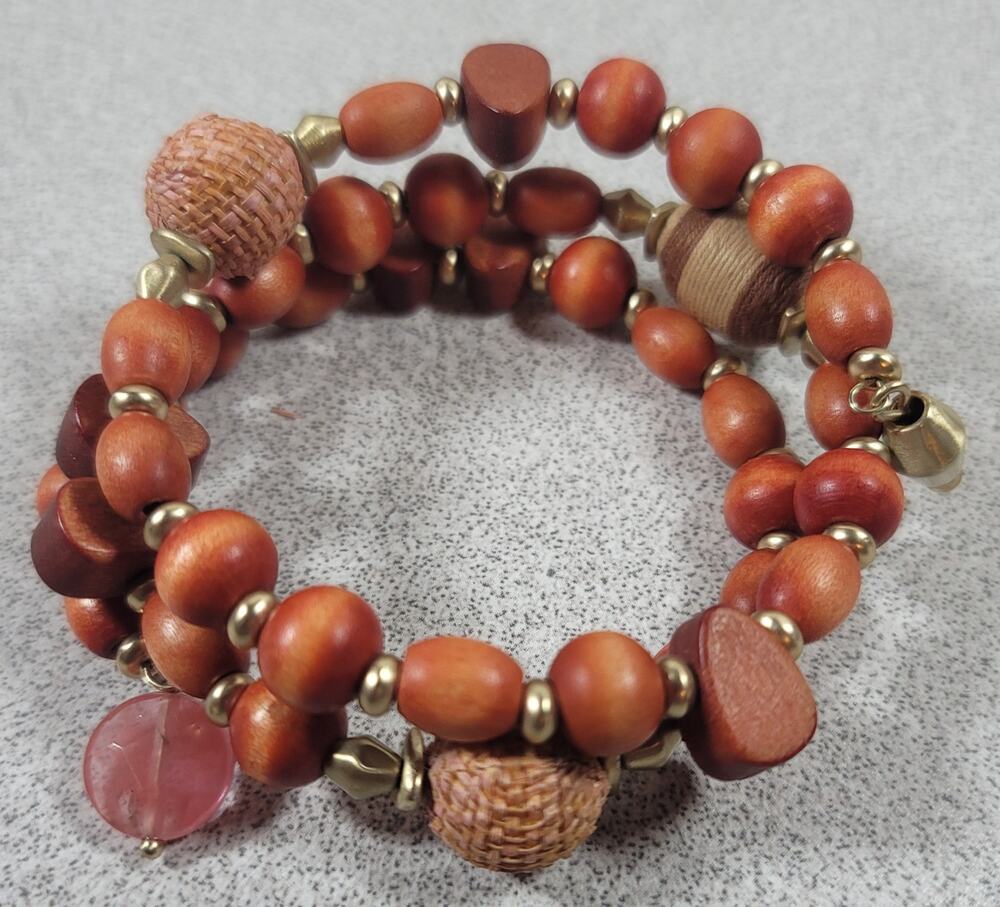 Gold Wooden Beads 3 Ring Stretchy Bracelet 3"